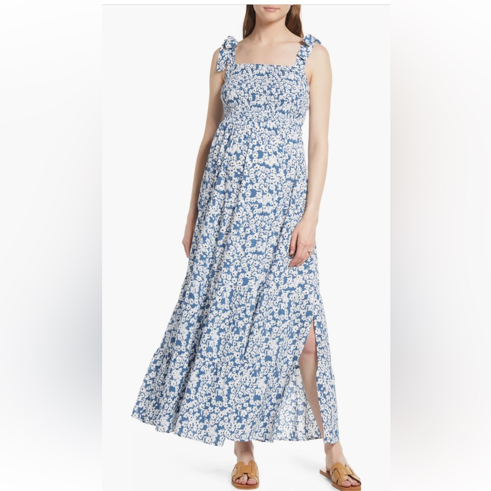 Floral Blue Shoulder Tie Maternity Maxi Dress